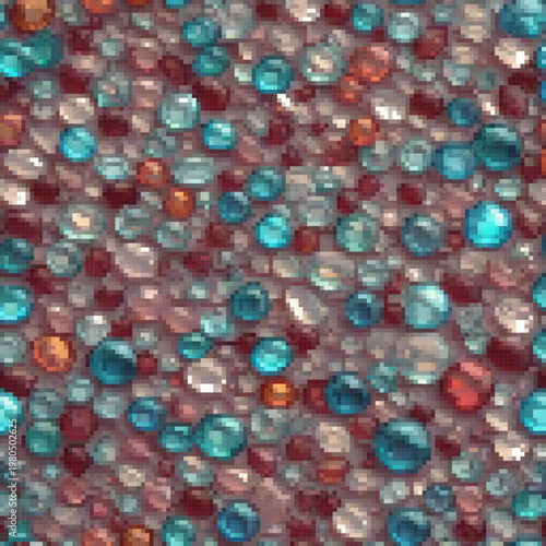 A pixel art image with a background of blue and red, featuring various colored gems and a unique texture.