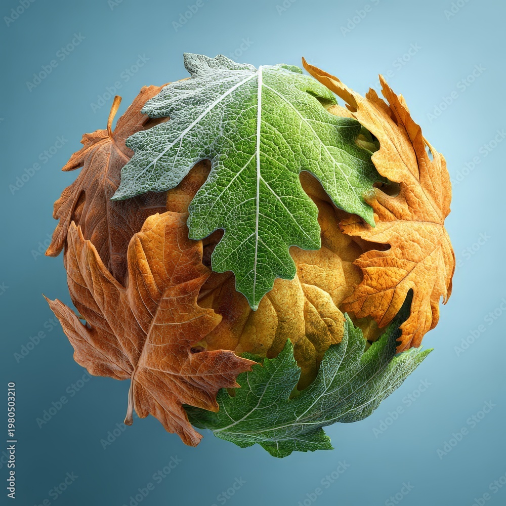 Fototapeta premium Colorful leaves forming a spherical shape. climate change global warming four seasons summer winter rainy spring weather seasonal change