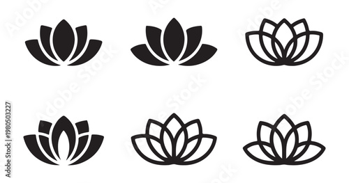 Set of lotus flower icon black outline and silhouette vector illustration for yoga meditation or spa.