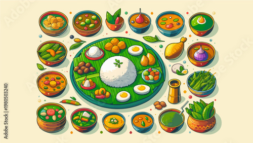 Colorful Cartoon South Indian Banana Leaf Rice Meal Surrounded by Assorted Curry, Vegetable, and Side Dish Bowls, Traditional Festive Food Spread Illustration
