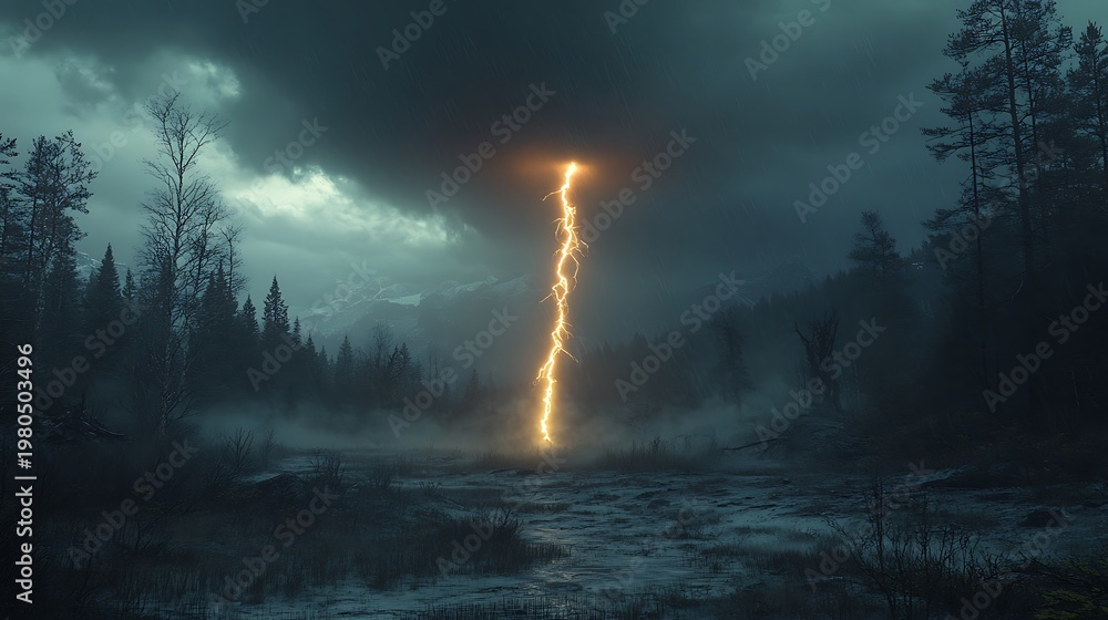 Fototapeta premium Surreal landscape featuring a powerful lightning strike illuminating a misty forest
