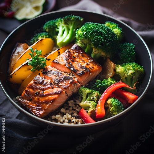 Grilled salmon fillets served with roasted broccoli florets and sliced yellow bell peppers arranged beautifully in a dark bowl with nutritious grains to create a healthy gourmet meal perfect for a bal