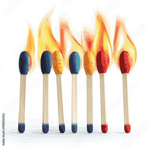 Vibrant matches in varying colors, ablaze with flames, create a dynamic visual display of fire and energy.