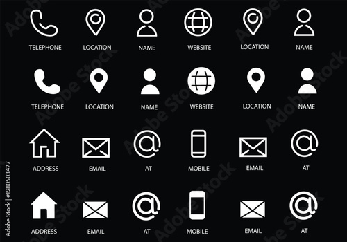 Business card and contact information icon set graphic elements. Flat filled and thin line editable stroke icons for phone, email, address, location, website, fax, and personal data symbols.