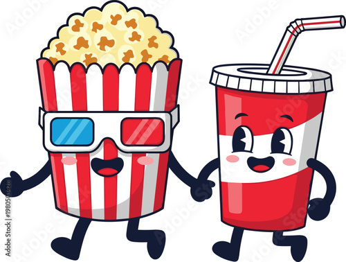 Cartoon popcorn and soda cup vector illustration with smiling characters holding hands, fun cinema snack mascot design for entertainment 