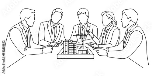 A group of professionals in a formal business meeting discussing a new building project model Vector, illustration
