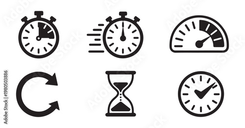 Chronometer and speed symbols for monitoring duration and swift execution of tasks in professional design.