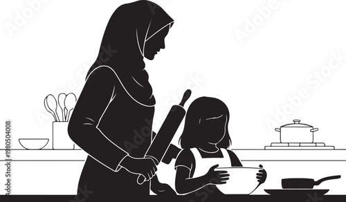Black silhouette mother, child baking kitchen, cooking illustration, vector icons