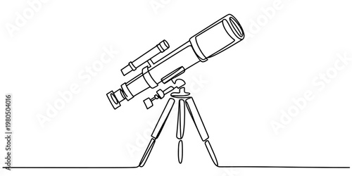 A continuous line drawing illustration of a telescope mounted on a tripod for stargazing study. Vector, illustration