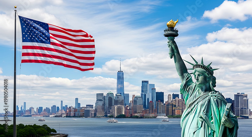 Statue of liberty and american flag with new york city skyline iconic landmark united states travel destination famous place usa flag stars and stripes blue sky monument patriotic manhattan