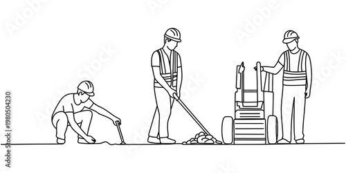 A line drawing illustration depicting three construction workers engaged in site work activities. Vector, illustration