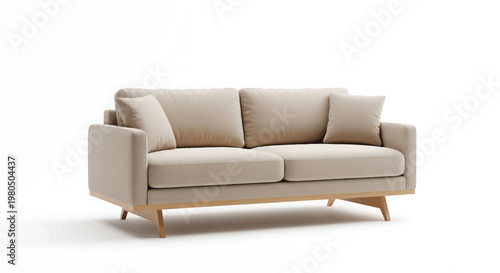 Beige Sofa with Wooden Legs on White Background