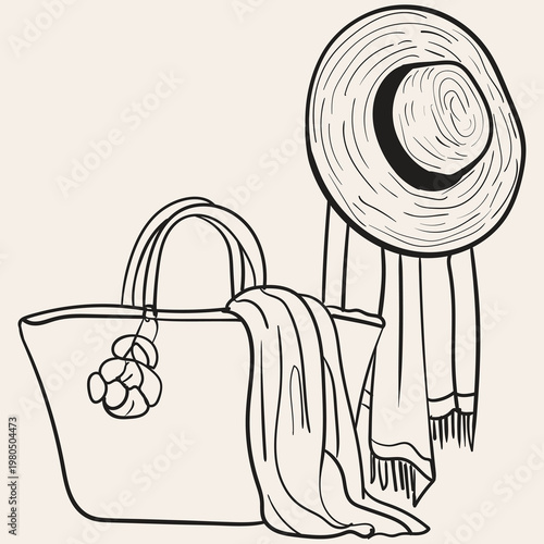 Line art illustration of a summer beach bag with a straw hat and a scarf