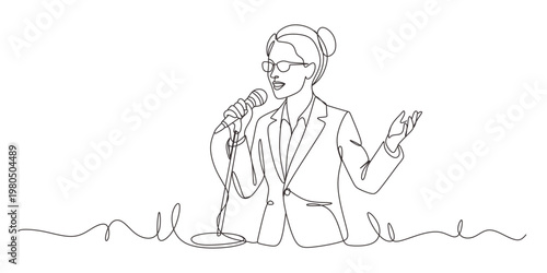 One line drawing of a businesswoman speaking into a microphone. Minimalist vector illustration of a public speaker or presenter giving a talk. Professional business presentation concept