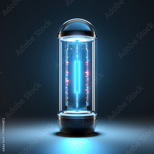 High tech glowing plasma tube cylinder featuring a brilliant luminous blue core with intricate internal electronic components encased inside a clear polished glass chamber designed for advanced scient