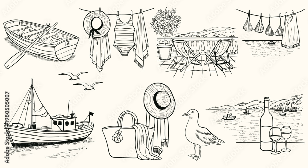 Φωτογραφία Set of hand drawn summer vacation elements, nautical and beach theme, boat, seag