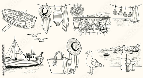 Set of hand drawn summer vacation elements, nautical and beach theme, boat, seagull, beach bag, hat, swimsuit, deck chairs, wine, vector illustration