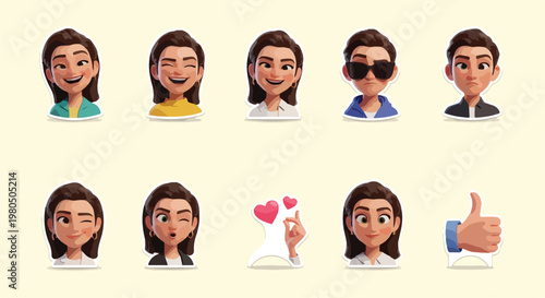 3D cartoon avatar set with diverse facial expressions, collection of 10 stylized character icons, modern digital profile portraits for social media