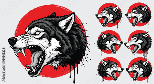 Aggressive wolf head vector illustration, angry snarling husky mascot with red sun, fierce canine predator set for streetwear and apparel design