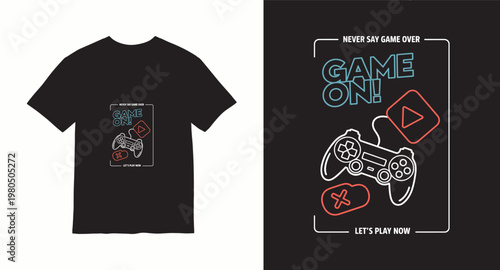 Gamer t-shirt design with neon gaming controller and game on text for streetwear apparel.
