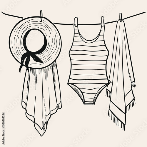 Summer beach accessories hanging on a clothesline, including a straw hat, striped swimsuit, and a fringed towel