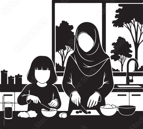 Black and white, Muslim mother and child cooking, kitchen illustration, faceless vector art