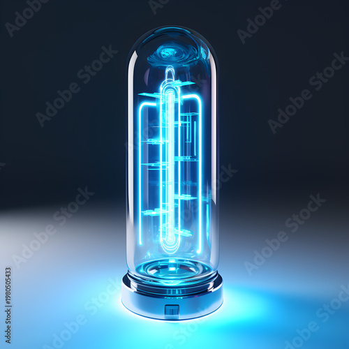 Glowing neon vacuum tube with intricate internal components emitting a vibrant electric blue light inside a transparent glass cylinder standing upright on a metallic base reflecting soft illumination 