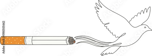 Cigarette turning into a flying bird in a minimalist line art illustration to represent quitting smoking for better health