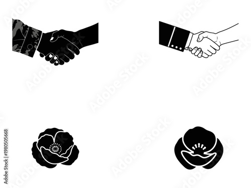 V-E Day Remembrance Icons - Military Handshake and Poppy Flower Vectors