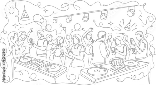Diverse group of young people enjoying an energetic music dance party featuring a disc jockey playing records on turntables