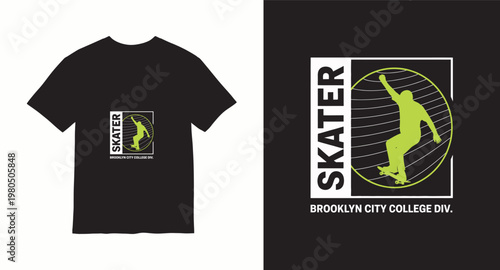 Skater t-shirt design with a graphic of a person on a skateboard and college division text.