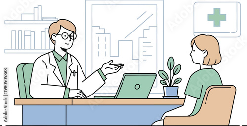 Friendly doctor in a white coat advises a female patient during a medical consultation at a modern clinic, providing professional healthcare guidance.