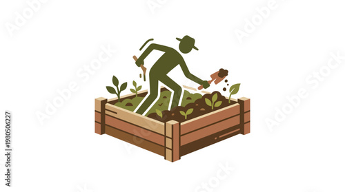 Gardener Working in a Wooden Raised Bed