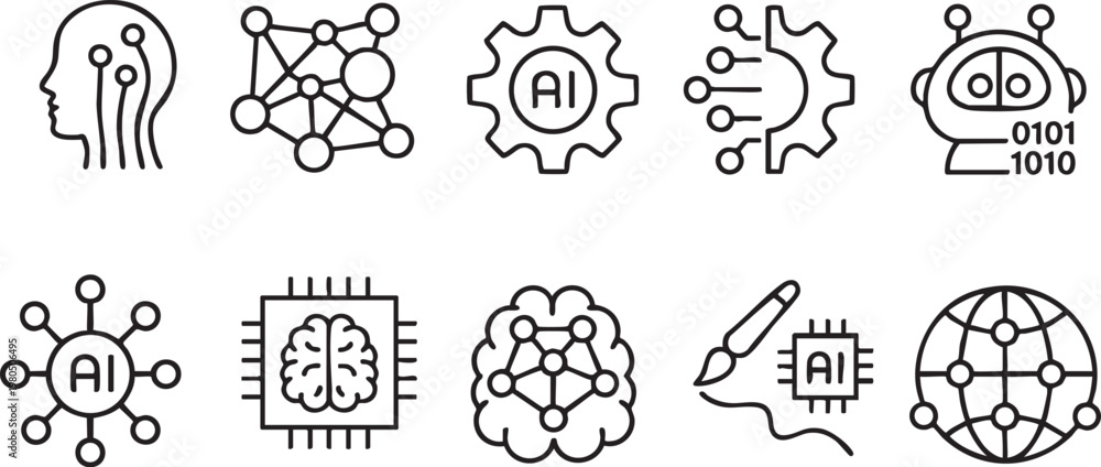 Obraz premium Collection of AI and machine learning icons representing artificial intelligence concepts and technology in a clean minimalist vector style for digital design