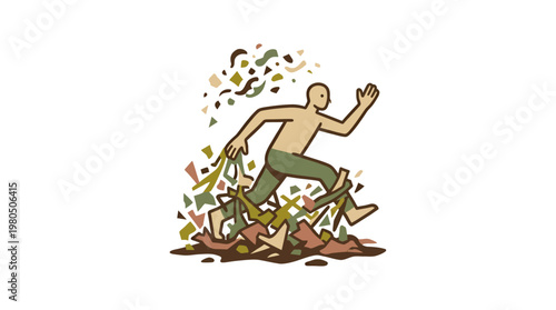 Man Running Through Debris Concept of Obstacles