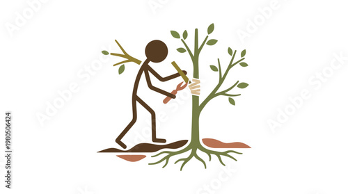 Stick Figure Pruning a Tree in Vector Style