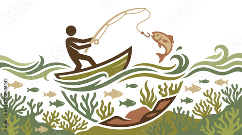 Fisherman in a Boat Catching a Fish