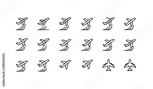 Minimal line airplane takeoff icons with aircraft departure aviation vector symbols