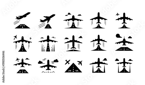 Airplane takeoff icon set with aircraft departure runway symbols flat vector