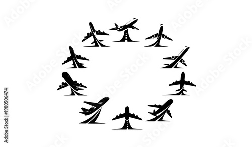 Stylized airplane takeoff icons with aviation departure flight vector collection