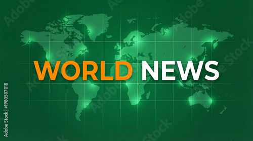 Abstract digital world news background with green global map and grid lines
