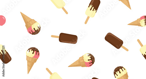 Colorful ice cream seamless pattern featuring delicious assorted cones and chocolate popsicles on a clean white background for summer.