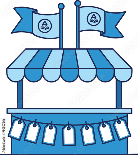 Illustration of blue striped market stall with flags and tags perfect for festive events and outdoor street fair design.