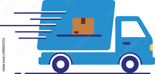 Fast delivery truck with moving lines carrying box represents quick shipping and express transportation service.
