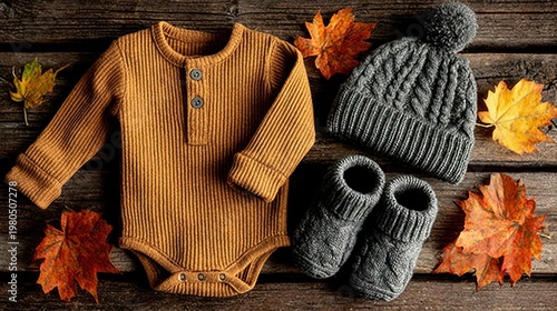 Baby outfit with hat, booties, and leaves on weathered wooden surface