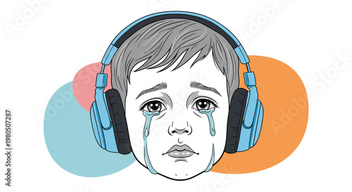 Portrait of a crying young boy wearing blue headphones shows a sad emotional expression with tears streaming down his face against shapes.