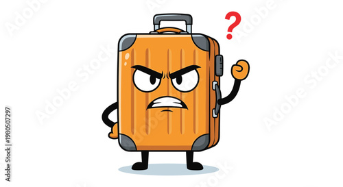 Grumpy orange suitcase character stands with an angry expression and a question mark above its head to represent travel frustrations or lost bags.