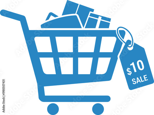 Shopping cart full of gift boxes with discount price tag showing ten dollars sale for commercial promotional advertising.