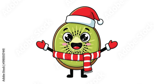 Happy kiwi fruit character wearing a red Santa hat and a striped scarf smiles warmly to celebrate the festive winter holiday season with joy.