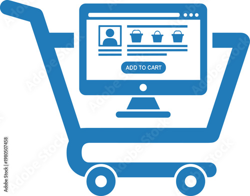 Shopping cart with computer screen displaying online store and products representing internet shopping and digital marketplace for convenient purchasing.